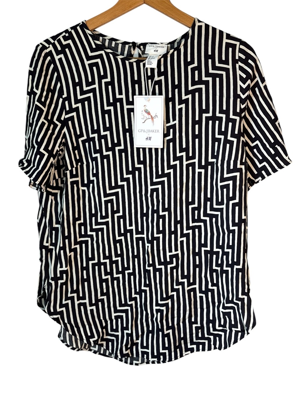NWT GP & J Baker X H&M Black & Ivory Geometric Print Blouse Top SZ 8 Career